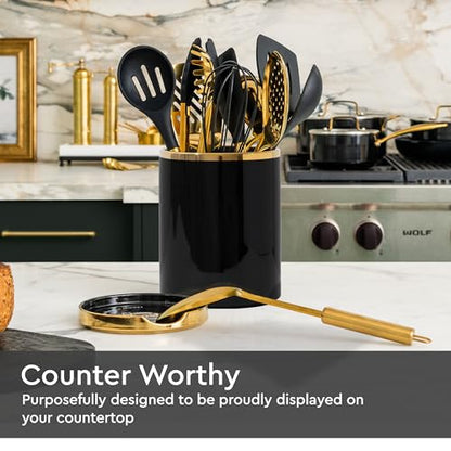 STYLED SETTINGS Black and Gold Utensil Holder with Built-in Spoon Rest | 2-Piece Black and Gold Spatula Holder, Kitchen Accessory, Utensils Not Included - color: Black & Gold