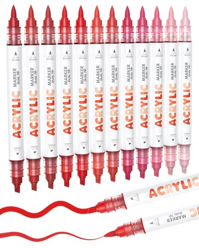 Guangna 12 Red Dual Tip Acrylic Paint Markers, Brush Tip & Chisel Tip Acrylic Paint Pens for Rock, Wood, Glass, Paper, Coloring Book, Ceramic, Canvas, Water-Based Ink - color: Red