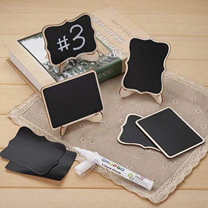 20 Pack Wooden Mini Chalkboard Signs with Easel Stand, 4x3 Inch Small Tabletop Chalkboard for Food Labels, Wedding Place Cards, Party Buffet - Reusable, with Replacement Stickers & Storage Box - color: A: Rectangle Edge Mini Chalkboards