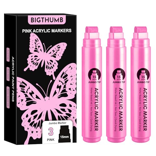 BIGTHUMB 3 Pcs Pink Jumbo Permanent Markers: 15mm Wide Tip Thick Acrylic Paint Pen Large Calligraphy Marker for Rock Painting, Poster, Sign, Canvas, Glass, Wood, Ceramic - color: Pink