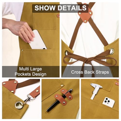 ZOMAO Chef Apron for Women Men with Large Pockets, Cotton Canvas Cross Back Waterproof Work Aprons for Kitchen Cooking Bib - color: Brown