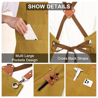 ZOMAO Chef Apron for Women Men with Large Pockets, Cotton Canvas Cross Back Waterproof Work Aprons for Kitchen Cooking Bib - color: Brown