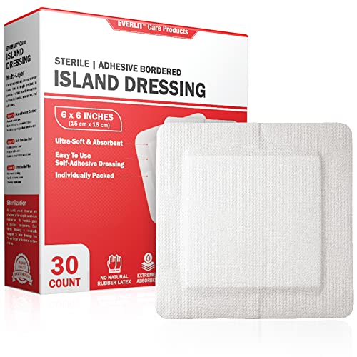 EVERLIT Island Dressing Bordered Gauze | Large Wound Care Bandage with Adhesive Border| Sterile, Soft & Highly Absorbent Medical Grade Dressing Pad (6x6 Inch (Pack of 30)) - size: 6x6 Inch (Pack of 30)