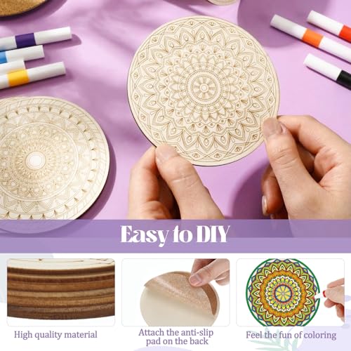 Reallnaive 77 Pcs Mandalas Coasters Painting Kit, 20 Set Wooden Drink Coasters 4 Inch with Holder & Markers Boho DIY Crafts for Adults, Women, Hobby, Color Your Own Art Craft Supplies - style: Mandalas