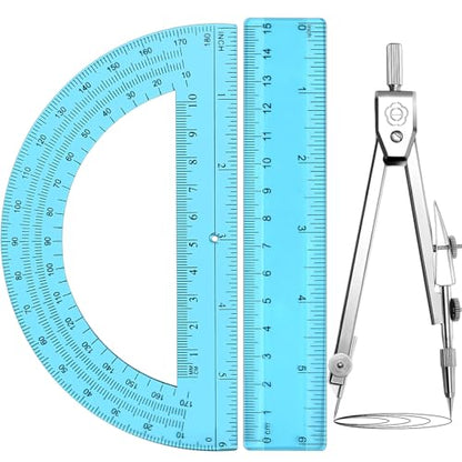 Zonon 3 Pcs 6" Clear Plastic Ruler 6 Inch Protractor Compass Set, Blue - color: Blue, size: 6 Inch