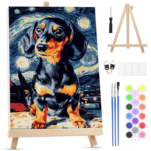 MXJSUA Starry Sky Dachshund Dog Paint by Numbers Kit with Frame for Adults, Animal Easy Beginners Paint by Number on Canvas with Easel, Acrylic Number Painting Craft Gifts for Home Decor, 8x12 inch - color: Starry Sky Dachshund Dog