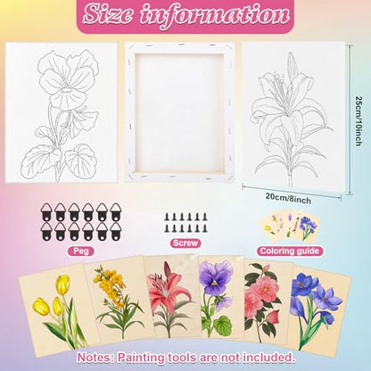 COCHIE 6 Pack 8x10 Inches Flower Pre Drawn Canvas to Paint for Sip and Paint Party, Pre Printed Framed Canvases Set, Floral Tulip Violet Pre Sketched Canvas for Painting for Adults Kids