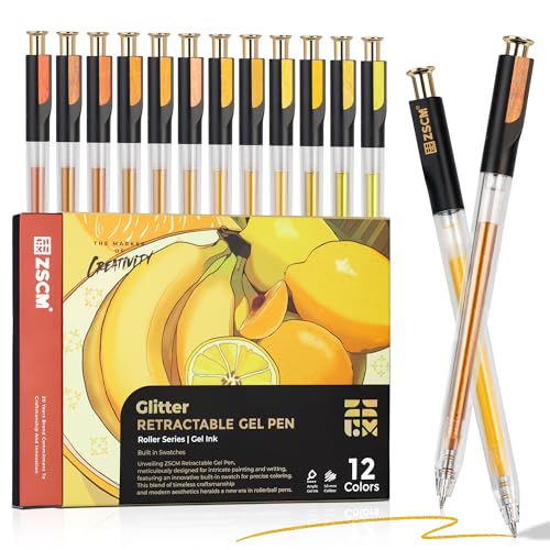 Yellow Retractable Glitter Gel Pens, 12 PCS Large Capacity Metallic Ink Pen - color: 12 Yellow