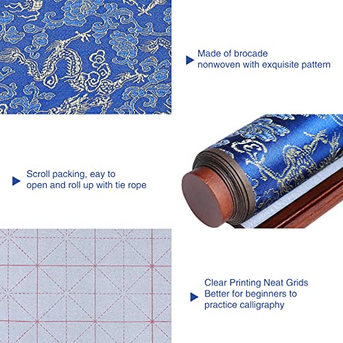 MEGREZ Reusable Water Writing Calligraphy Cloth Set No Ink Practice Kit | 32 grids, 4pcs set, brush pen & water dish, copy template, multi color options, mess-free, calligraphy practice - color: Blue