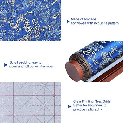 MEGREZ Reusable Water Writing Calligraphy Cloth Set No Ink Practice Kit | 32 grids, 4pcs set, brush pen & water dish, copy template, multi color options, mess-free, calligraphy practice - color: Blue