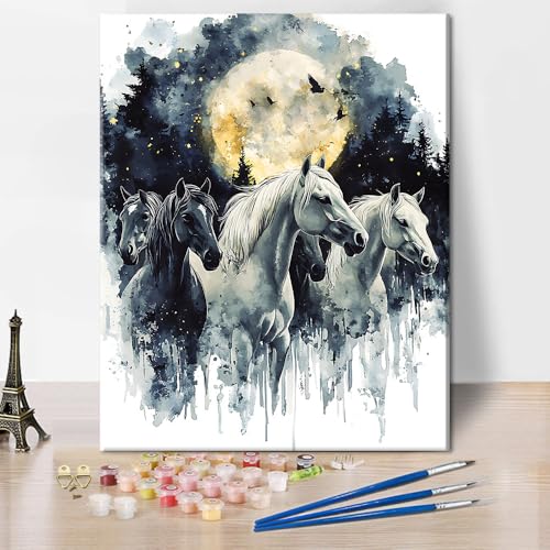 TUMOVO Animal Paint by Numbers Gift for Adults Hors | ink painting of a horse art on 16x20 inch unframed canvas with acrylic paints and 3 brushes, relaxing DIY craft wall decor. - color: Horses