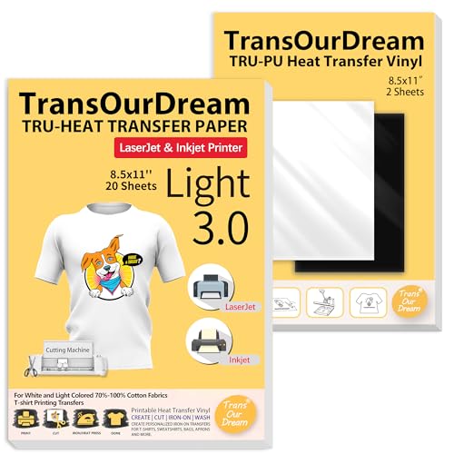 TransOurDream Iron on Heat Transfer Paper for Light Fabric (20 Sheets, 8.5x11") Printable Iron on Transfers for Inkjet Printer & Laserjet Printer, Heat Transfer Vinyl for T Shirts (2 Sheets, 8.5x11") - color: Light, size: 22 Sheets