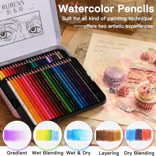rubens Watercolor Pencils Set 48 Color, Artist Watercolor Pencils for Adult | Professional Soft Core Water Color Pencils, Blendable for Wet & Dry Paint, Metal Box, Vibrant Colors for Coloring, Drawing - size: 1 Count (Pack of 48)