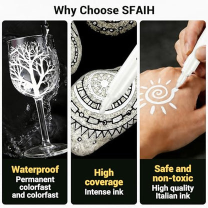 SFAIH Acrylic White Paint Pens - 8 Pack 2-3MM Medium Tip & 0.7MM Extra Fine Paint Marker for Rock Painting, Wood, Metal, Fabric, Plastic, Canvas, Glass, Ceramic, Diy Crafts, White Out Pen | High Coverage, Waterproof Permanent Marker,Rock Painting, Wood, F