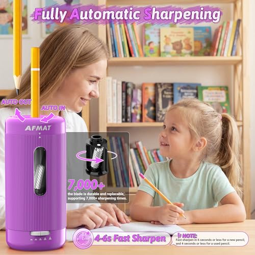 AFMAT Electric Pencil Sharpener, Auto in & Out, 5 Nibs, 7K+ Uses, Fully Automatic Pencil Sharpener for Classroom, Rechargeable Hands-Free Sharpeners for Jumbo/Colored Pencils (φ6.5-12mm) PSC3(Purple) - color: Purple