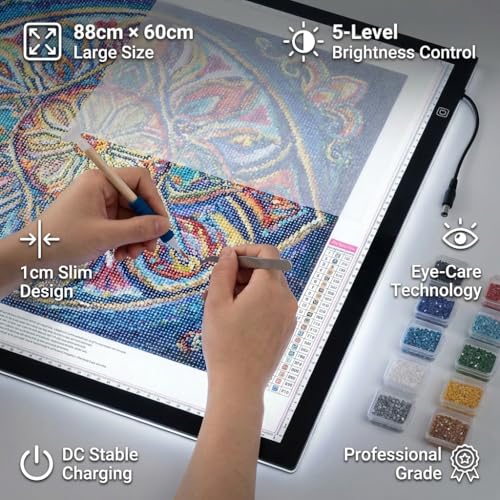 A1 Extra Large LED Light Pad (34.6"x23.6") - Upgraded Durable Tracing Light Box with 5-Level Brightness - Dot-Free Eye Protection Board for 5D Diamond Art Painting, Sketching, Drafting & Tracing - size: A1 Premium