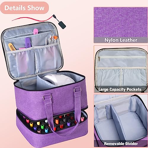 FCQQYWZ Nail Polish Organizer Case - Holds 42+ Bottles (15ml/0.5 fl.oz) and 1 Nail Lamp, Upgraded Double-layer Nail Polish Carrying Case Nail Polish Storage Bag with Handles (Purple) - color: Purple-42Bottles