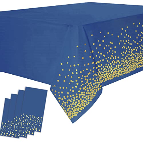 Yancorp 4 Pack Plastic Tablecloth Disposable Navy Blue Gold Tablecloth for Rectangle Tables 54" x 108" Party Decorations Birthday Thanksgiving Christmas Wedding Outdoor BBQ Picnic - color: Dark Blue, size: 4 Pack