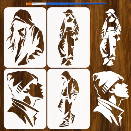 FINGERINSPIRE 4PCS Street People Painting Stencils with Paint Brush 8.3x11.7inch Reusable People Silhouette Template Plastic Hats Pattern Stencil Graffiti Theme Template for Painting on Floor - color: Street People