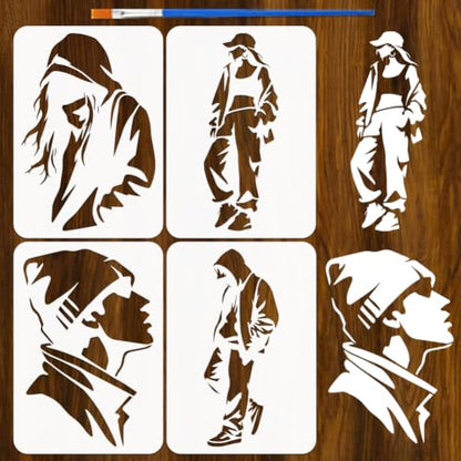 FINGERINSPIRE 4PCS Street People Painting Stencils with Paint Brush 8.3x11.7inch Reusable People Silhouette Template Plastic Hats Pattern Stencil Graffiti Theme Template for Painting on Floor - color: Street People
