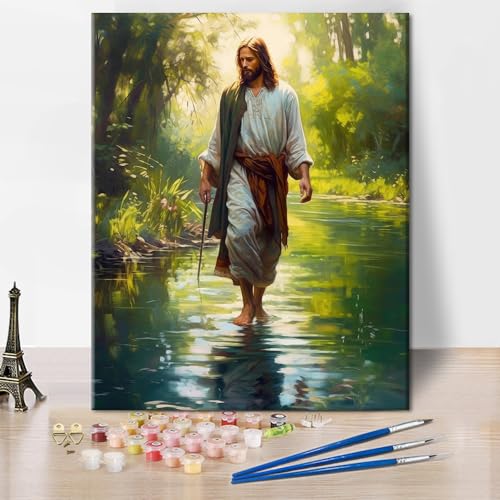 TUMOVO Jesus Paint by Numbers, Adult Paint by Number Prayer in The Forest Paint-by-Number Kits DIY Acrylic Painting Kits On Canvas Religious Spirit Paint by Number for Adults, 16 x20 Inch - color: Jesus