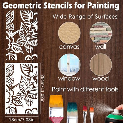 8PCS Geometric Stencils for Painting, Reusable Large Size Geometric Painting Stencils Abstract Layering Stencil for Painting on Wood Canvas Furniture Wall Floor Decor Drawing DIY Art Supplies - style: Geometric-2