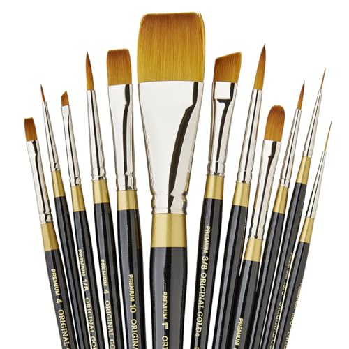 KINGART Premium Original Gold Series Handcrafted Golden Taklon Multimedia Artist Brushes, Set of 12, Black Glosss Handle, for Oil, Acrylic, Watercolor & Gouache Paints