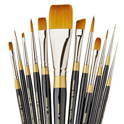 KINGART Premium Original Gold Series Handcrafted Golden Taklon Multimedia Artist Brushes, Set of 12, Black Glosss Handle, for Oil, Acrylic, Watercolor & Gouache Paints