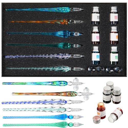 Zonon 14 Pcs Glass Dip Pen Ink Set for Art Supplies, Green Color Style | 6 Crystal Dip Pen with 6 Colorful Ink 2 Holder, Crystal Signature Calligraphy Pen, Art Writing Supplies, Artists Teacher Gift - color: Green Color System