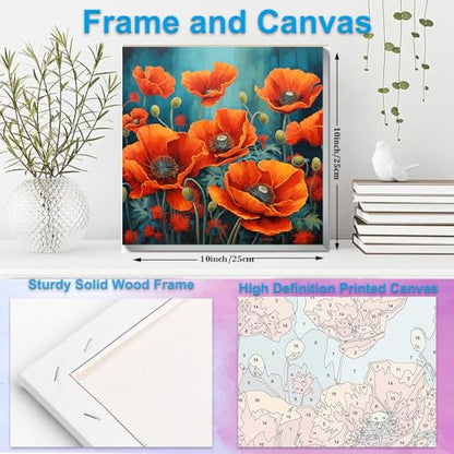 Artunion Framed Paint by Numbers Kit for Adults Beginners & Kids Ages 8-12,Red Poppy Paint by Number with Frame,Flower Adult Paint by Numbers Kit on Canvas 10 * 10 Inch Without Easel - color: ZXT-188-F