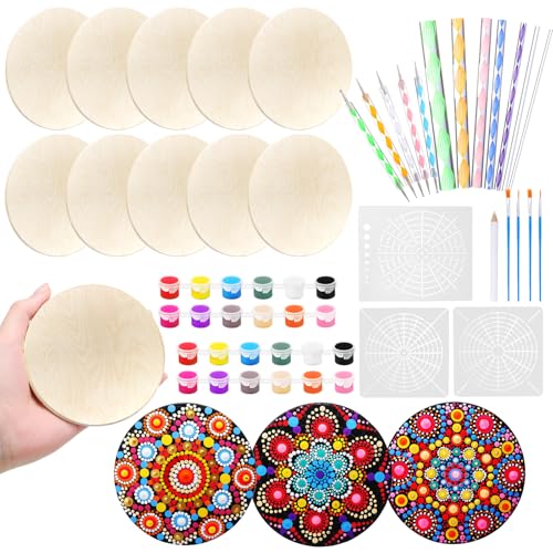 Potchen 10 Pcs Mandala Rock Painting Kit Mandala Dotting Tools Kit Wooden Rocks Dot Paint Stencils Tool Set for Adults Arts Drawing Home Decor Activity DIY Mothers Day Gift