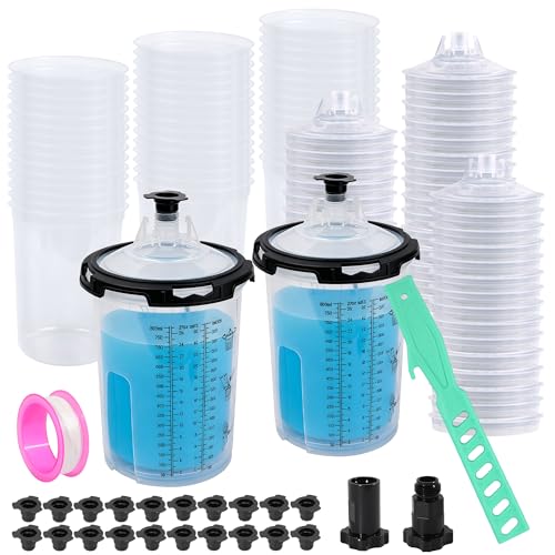 Disposable Paint Cups For Spray Gun, 27oz 125-Micron Mixing Cup With Lids | Fulchron 50PCS Paint Cup Liners with Lids, 2 Hard Cups & Adapters, Ideal for HVLP/LVLP Spray Gun 360° Spray & Less Cleanup - size: 27 ounce