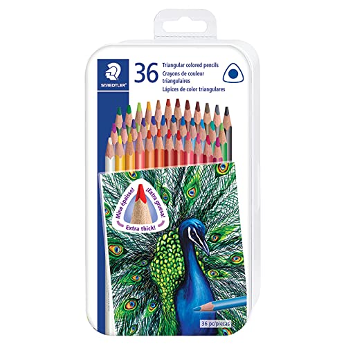 STAEDTLER Colored Pencils Set for School Supplies - With Ergonomic Triangular 4mm Core Barrel, Wood, Tin Storage Case - 36 Vibrant Colors - size: 36 Count (Pack of 1)