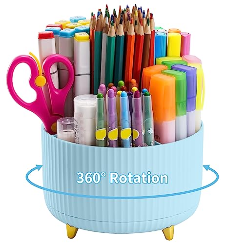 Marbrasse Desk Organizer, 360-Degree Rotating Pen Holder, Desk Organizers and Accessories with 5 Compartments Pencil Holder, Art Supply Storage Box Caddy for Office, Home（Light Blue） - color: Light Blue