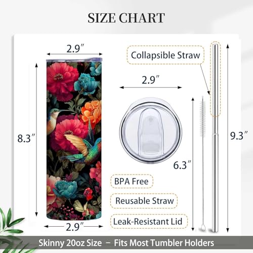 Firmiso 20 oz Tumbler | Skinny Insulated Travel Mug with Leak-proof Lid and Telescopic Straw | Hummingbird & Peony Stainless Steel Coffee Cup for Hot & Cold Drinks | Hummingbird Gifts for Women - color: Hummingbird