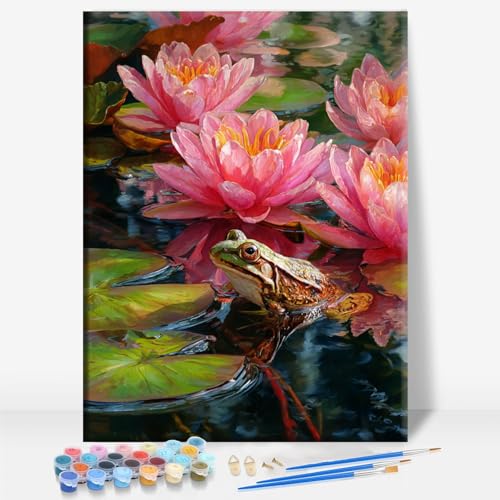 Aeontinity Blooming Waterlily Frog Animal Framed Canvas DIY Paint by Numbers Kit Bar Cafe Cave Home Room Wall Bathroom Porch Patio Decor Gift, 16 x 12 Inch - color: BLOOMING WATERLILY FROG