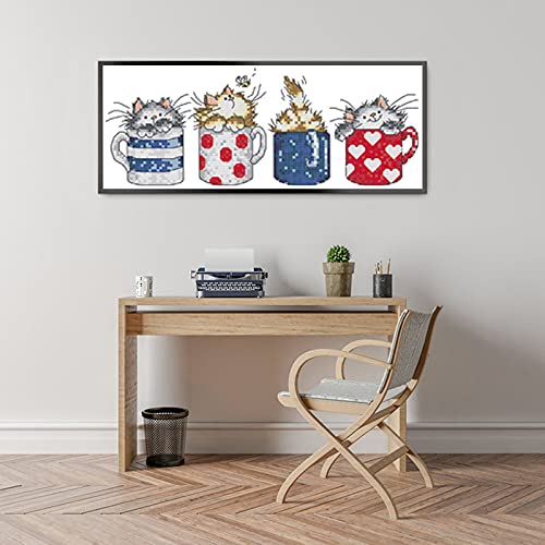 Stamped Cross Stitch Kits 11CT 3 Strands Full Range of Crossstitching Kits Preprinted Easy Patterns for Girls Crafts DMC Printed Cross-Stitch Kits for Beginner- Cats Hide in The Cups，14.6x6.7(inch) - color: Cats hide in the cups，14.6x6.7(inch)