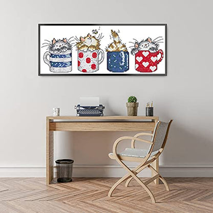 Stamped Cross Stitch Kits 11CT 3 Strands Full Range of Crossstitching Kits Preprinted Easy Patterns for Girls Crafts DMC Printed Cross-Stitch Kits for Beginner- Cats Hide in The Cups，14.6x6.7(inch) - color: Cats hide in the cups，14.6x6.7(inch)