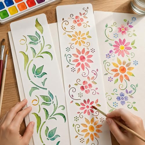 12 Pack Border Stencils Set for Painting on Wood Walls, Reusable Floral Boho Pattern Stencil for Art Crafts, Spray Paint Template for Wallpaper Floor Canvas, Acrylic Painting on Floors Fabric