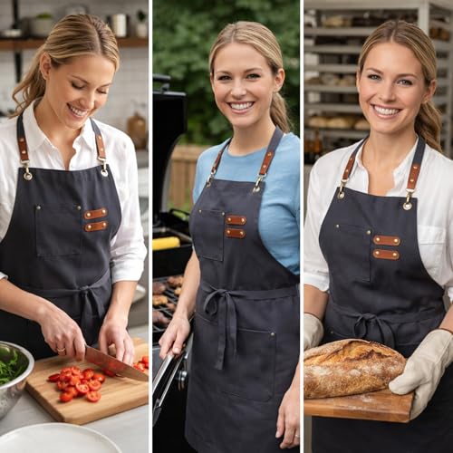 Chef Aprons for Men Canvas Apron with Large Pockets and Adjustable Neck Strap for Cooking,BBQ, Gardening - color: Grey