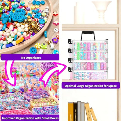 Stackable Bead Storage Organizer, 88 Small Plastic Containers with Lids, 4-Layer Clear Bead Organizer Box, 3 Sizes, Portable, for Jewelry and Crafts - size: 4-Tier 8L+20M+60S