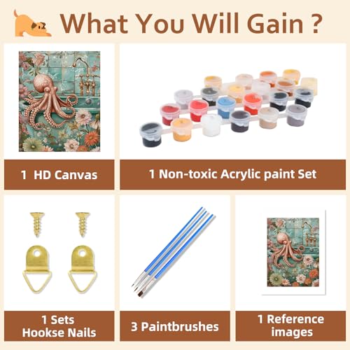 Reivworl Animal Paint by Numbers Kit for Adults Beginner 16×20 inch | Animal Paint by Number Kits 16×20 inch, Crafts on Canvas with Gifts. - color: 10-Octopus