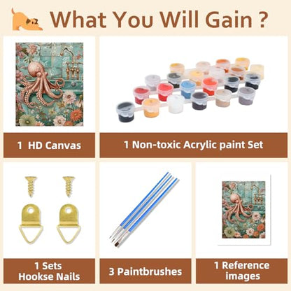Reivworl Animal Paint by Numbers Kit for Adults Beginner 16×20 inch | Animal Paint by Number Kits 16×20 inch, Crafts on Canvas with Gifts. - color: 10-Octopus