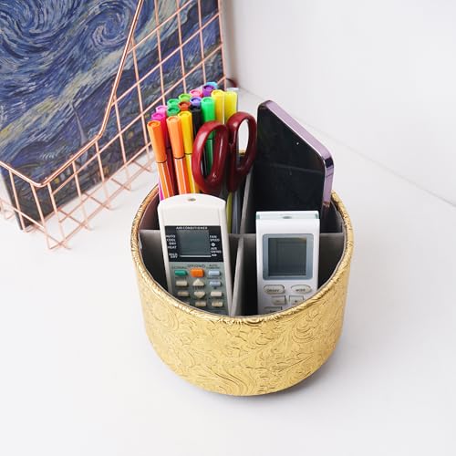 Round Leather Art Supply Organizer,Remote Control Holder,360 Degree Spinning,Multi-Functional Pencil Holder,4 Compartments Desktop Stationary Organizer(1-Carved Gold) - color: 1-Carved Gold