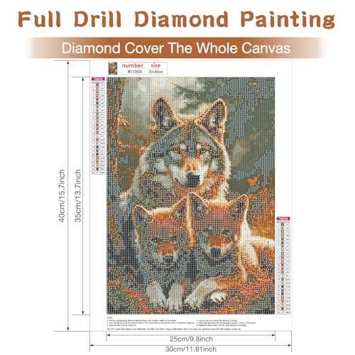 RICUVED Wolf Diamond Painting Kits for Adults, 5D Animal Diamond Painting Diamond Art Kits for Beginners, Full Drill Diamond Art Diamond Gem Wolf Family Diamond Painting Kits for Home Decor 12x16Inch - color: Wolf