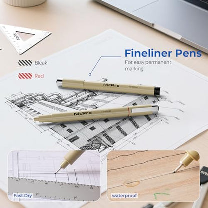 Nicpro 30PCS Professional Drafting Tools & Geometry Set with Case, Architect Protractor Set, Metal Mechanical Pencils, Pen, Scale Ruler Metal Ruler, 5 Drawing Templates for Interior Design House Plan - size: 30 PCS