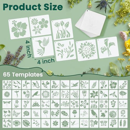 Amrules 65 Pcs Painting Stencils, Flowering Plants Theme, 4 x 4 Inch | Plastic, Drawing Templates Set for Crafts, Reusable DIY Art Stencil, For Wood, Walls, Cards, Fabrics, Rocks, Home Decoration - style: Flowering Plants