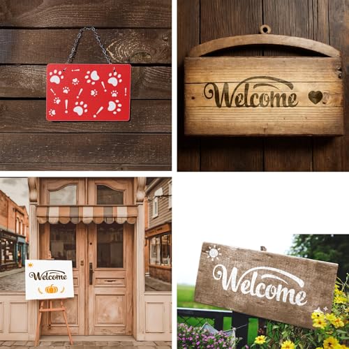 YKW Welcome Sign Stencils Set - 7 Reusable Smiley Paw Templates - Up to 14x5 - Welcome Words, Leaves, Pumpkin - for Porch, Door, Wood, Fabric - DIY Home Decor,Translucent and Soft - style: Welcome-1