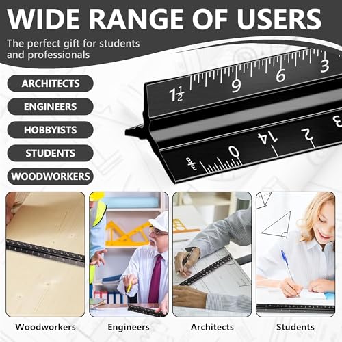 2-Piece Architectural Scale Ruler Set, 12-Inch Laser-Etched Aluminum Triangular Scale + Stainless Steel Straight Ruler, Inch/mm Conversion for Drafting, Blueprint Reading and Technical Drawing