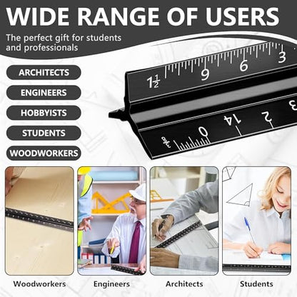 2-Piece Architectural Scale Ruler Set, 12-Inch Laser-Etched Aluminum Triangular Scale + Stainless Steel Straight Ruler, Inch/mm Conversion for Drafting, Blueprint Reading and Technical Drawing